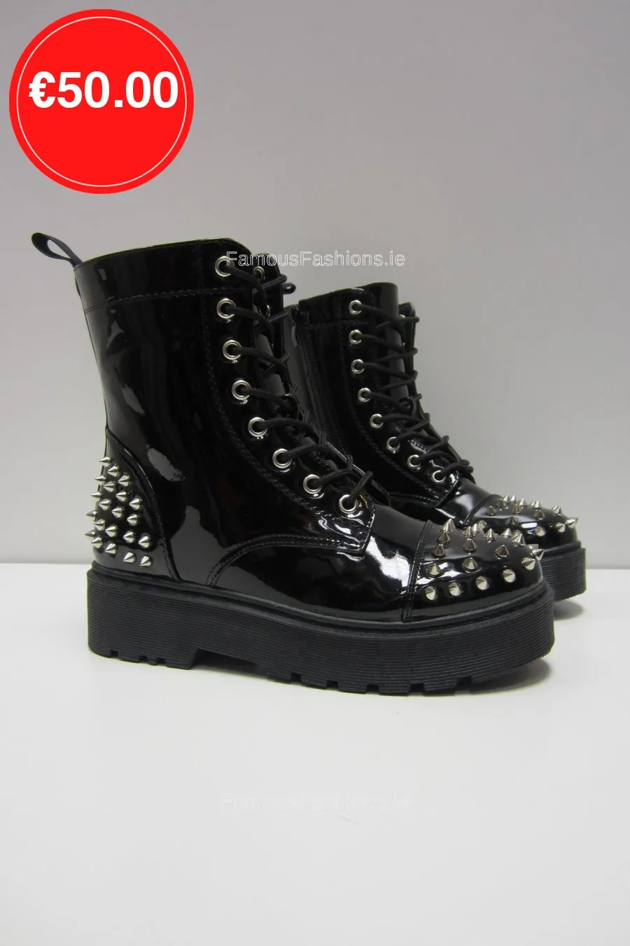 Black Spike Patent Platform Laced-Up Boots