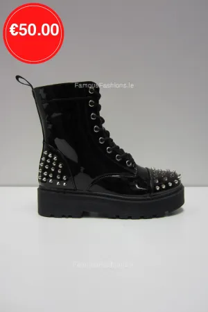 Black Spike Patent Platform Laced-Up Boots