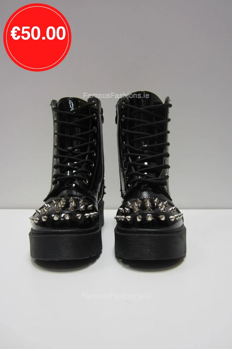 Black Spike Patent Platform Laced-Up Boots