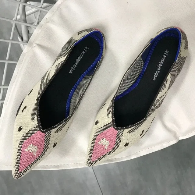 Color Casual Women Soft Shoes Breathable Knit Pointed Shoes Women's Flat Shoes Ballet Single Shoes Comfortable Pregnant Shoes