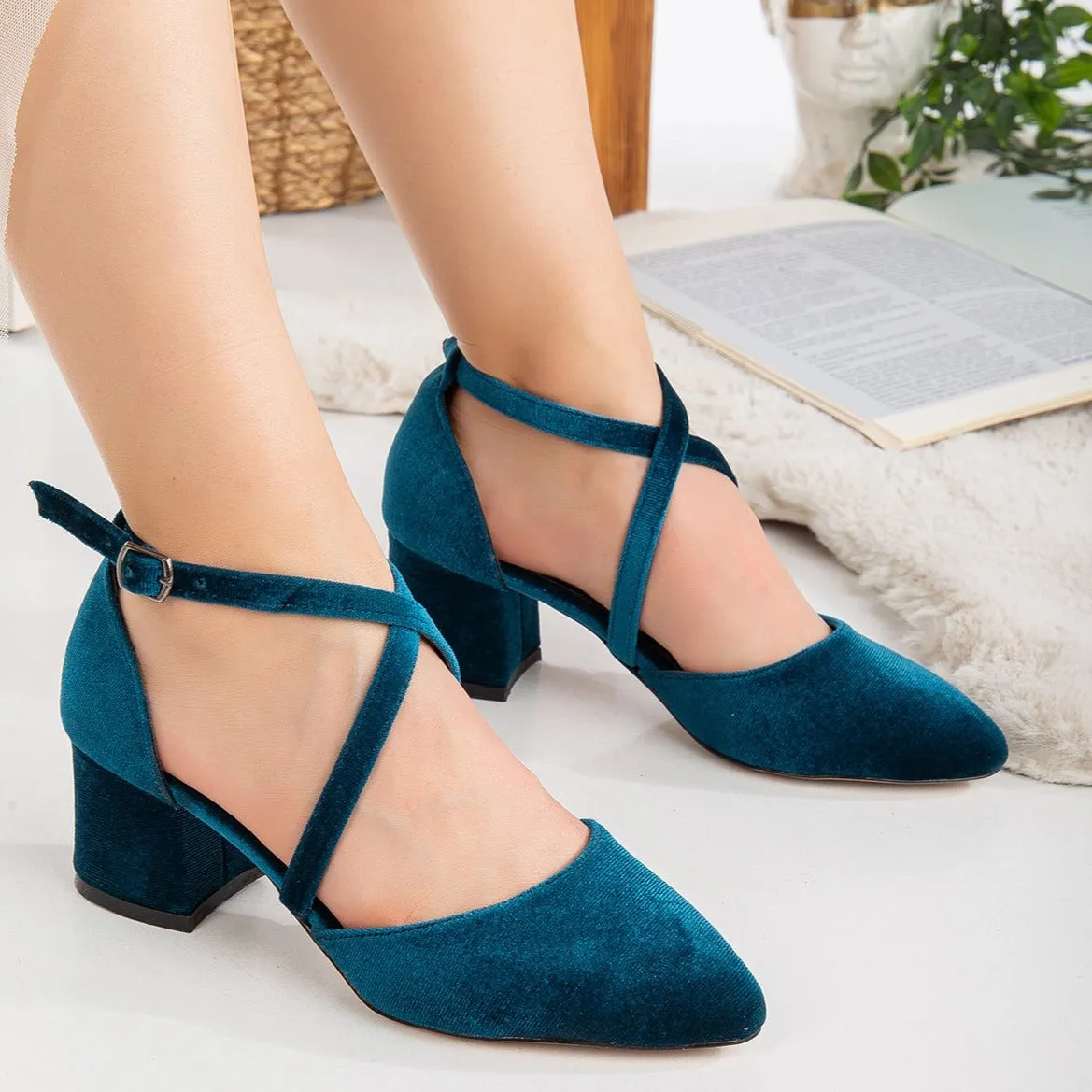 Dolly - Teal Blue Velvet Block Heels