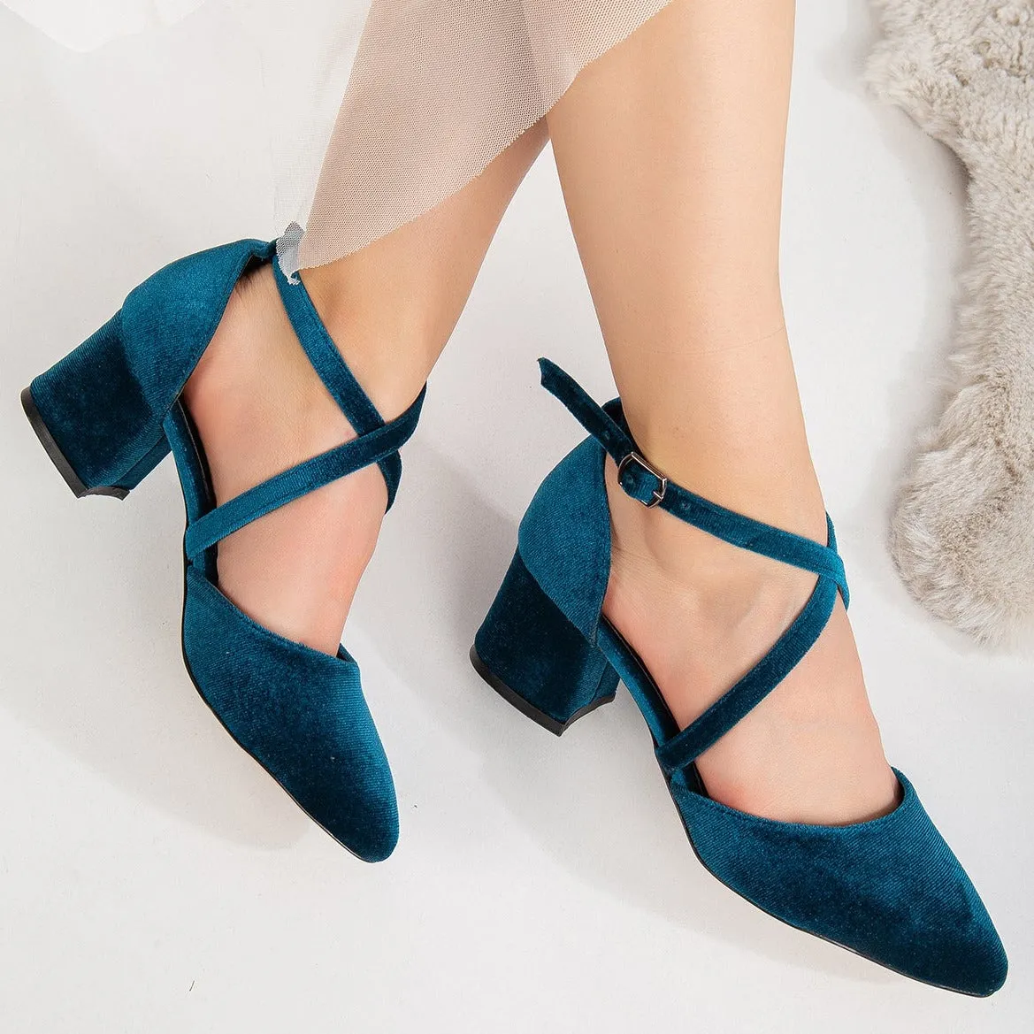 Dolly - Teal Blue Velvet Block Heels