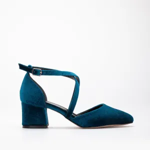 Dolly - Teal Blue Velvet Block Heels