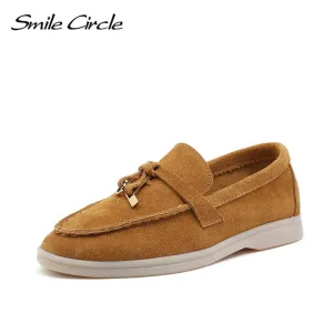 Smile Circle/cow-suede loafers Women Slip-On flats shoes Genuine Leather Ballets Flats Shoes for women Moccasins big size 36-42