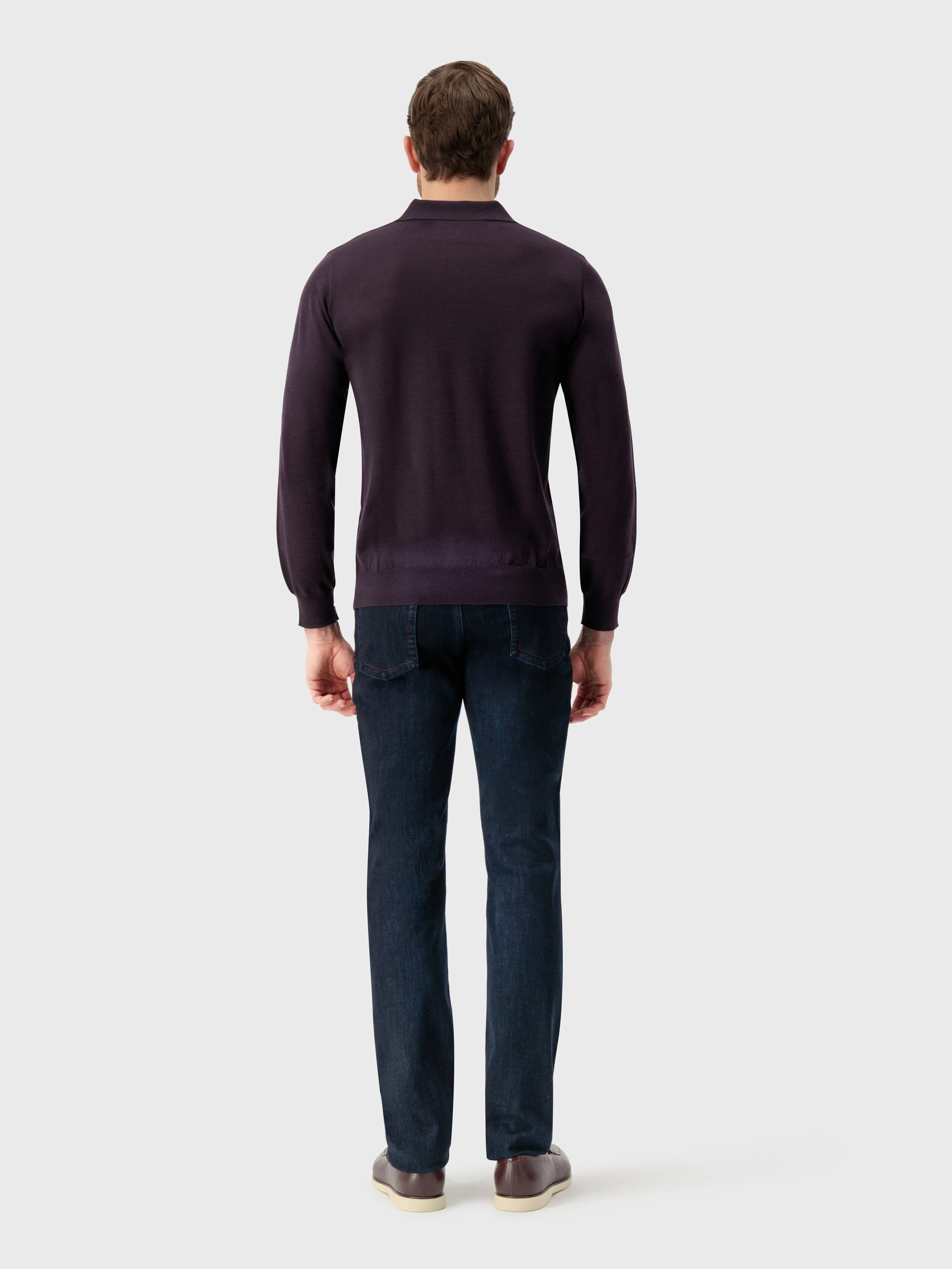 Zipped Polo Shirt with Geometric Jacquard Weave Aubergine