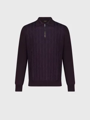 Zipped Polo Shirt with Geometric Jacquard Weave Aubergine