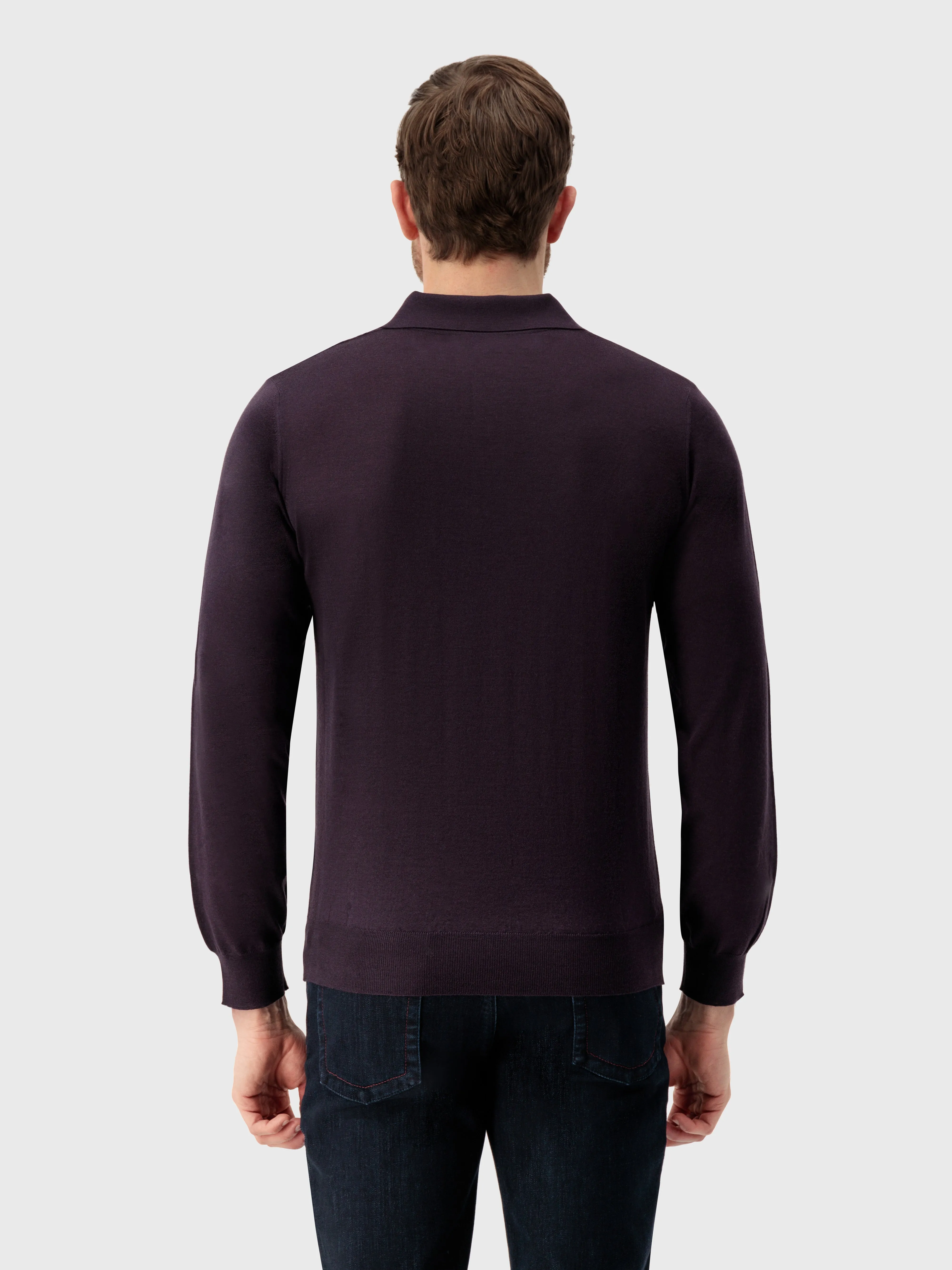Zipped Polo Shirt with Geometric Jacquard Weave Aubergine